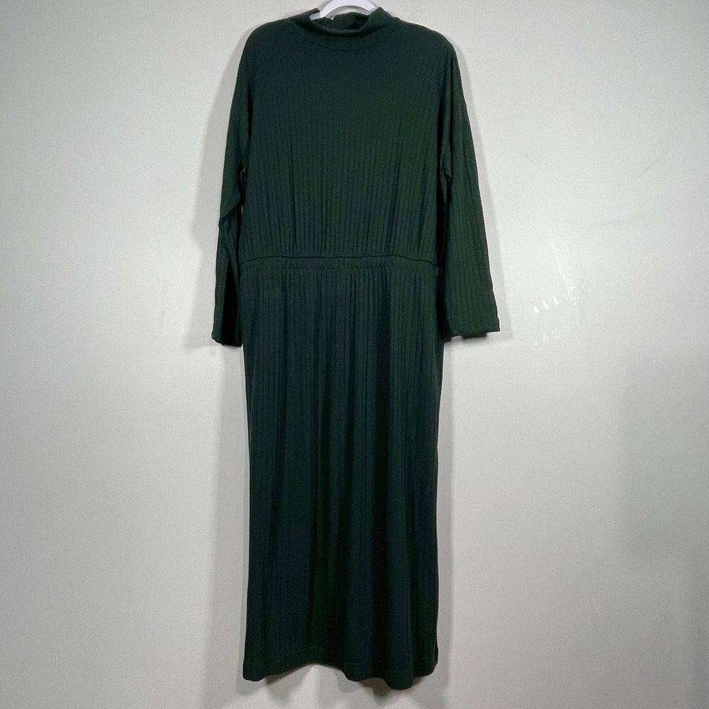 Old Navy Rib Knit Mock Neck Midi Dress Womens XL Dark Green LS‎ Slits Academia